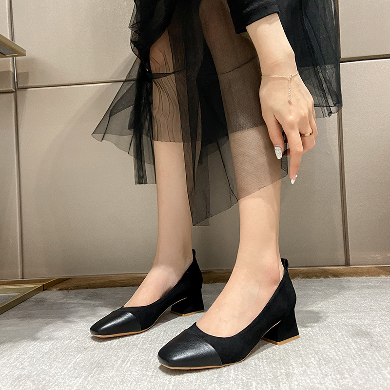 2025 new women Suede 0d31c Patchwork Leather pumps square toe thick high heels OL shoes woman atos mujer elegantes con tacones bos 2023 taes