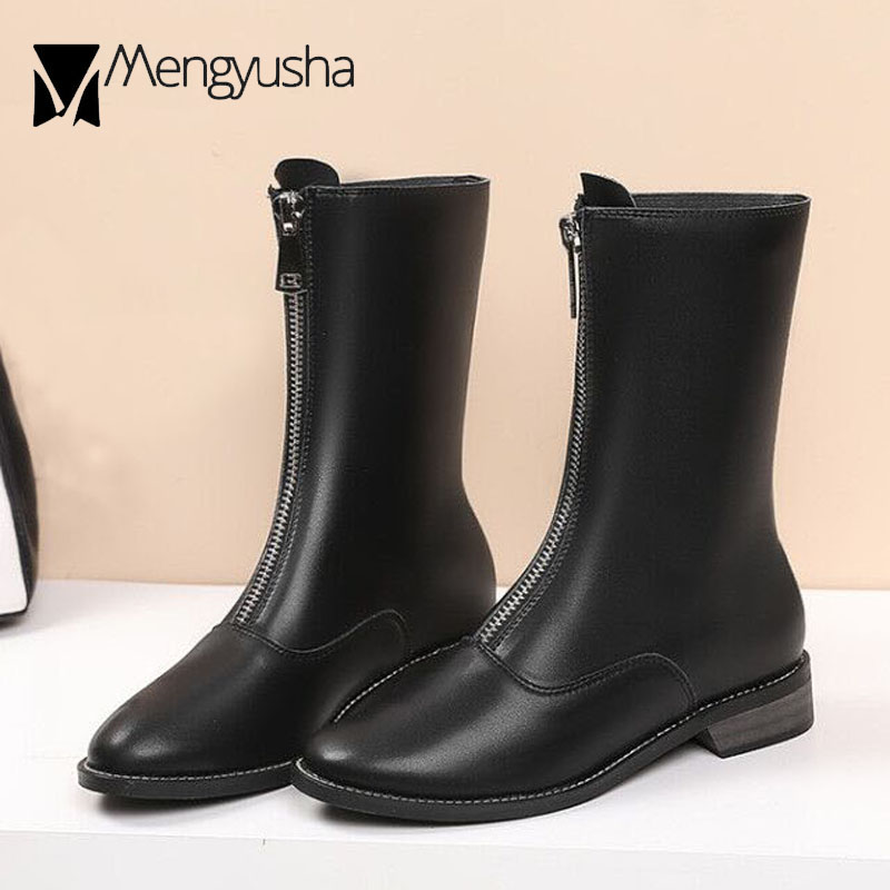 Zipper Women Brand Front Zip Closure Short Boots High Top Mid-Calf Motorcycle Botas Plush Winter Footwear Snow Booties 5be5