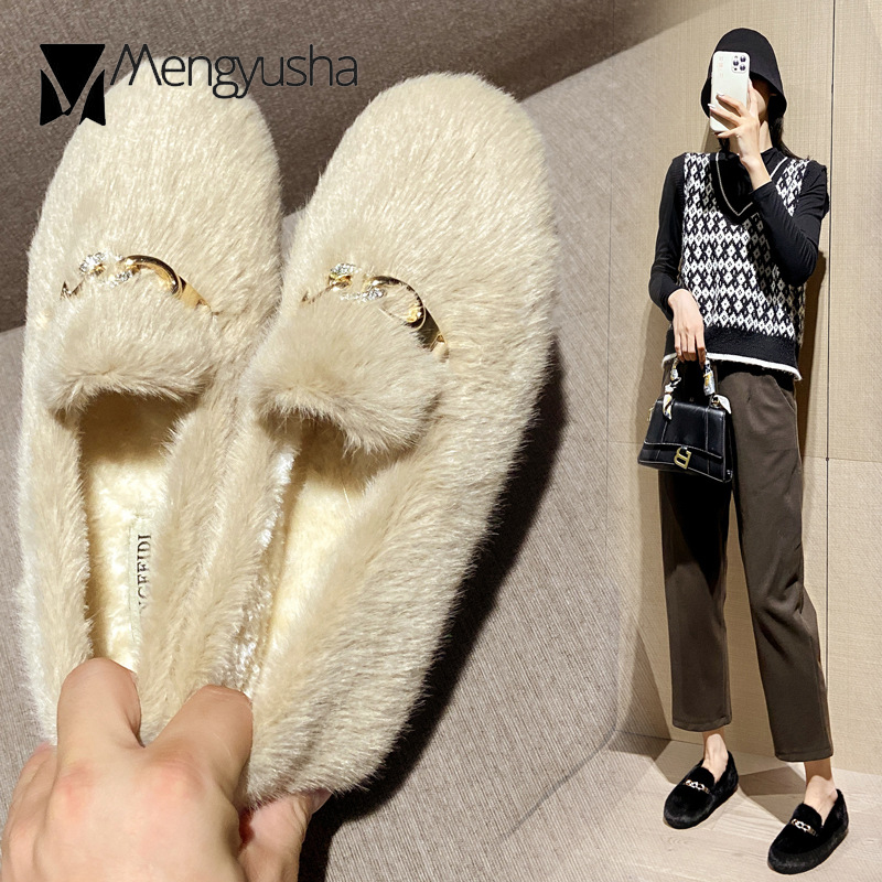 4096c Mink Winter Shoes Snow Woman Metal Chains Cotton Moccasins Female Comfy Antiskid Flats Fur Loafers Women Warm Footwear