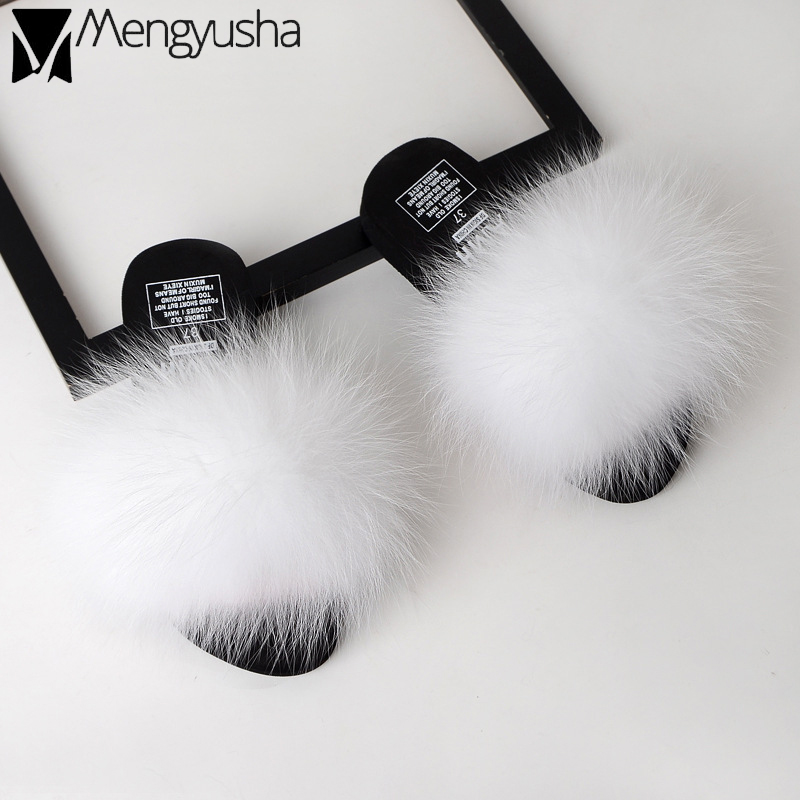 Real Fox hair rainbow slip on slippers women summer quality furry fur wedges shoes woman slides low platform flat sandals beach