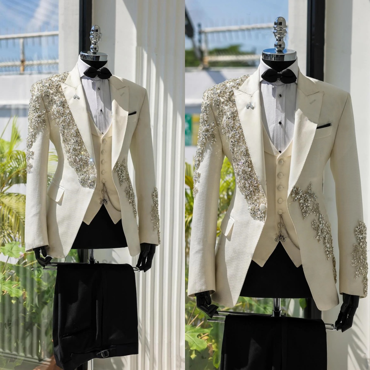 Luxurious Men's Suit 2 Pieces Set Crystal Peaked Lapel Tailored Blazers Beaded Rhinestone Groom Jacket For Man Custom Made Plus Size(Coat+Pants)