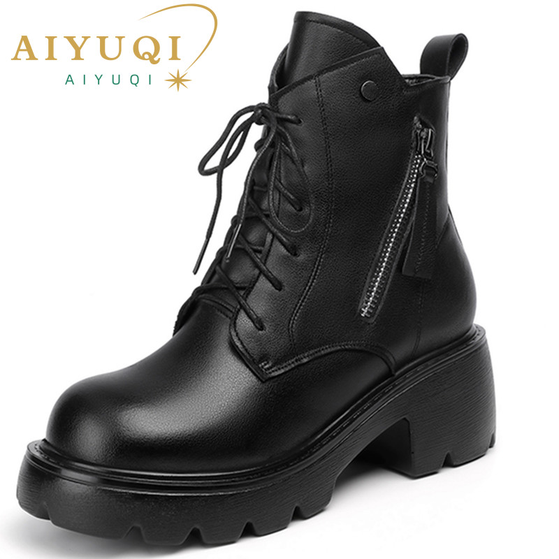 AIYUQI Women Boots Winter Warm Wool Genuine Leather Riding Boots Ladies Fashion Short Boots Women High Heel Women Ankle Boots