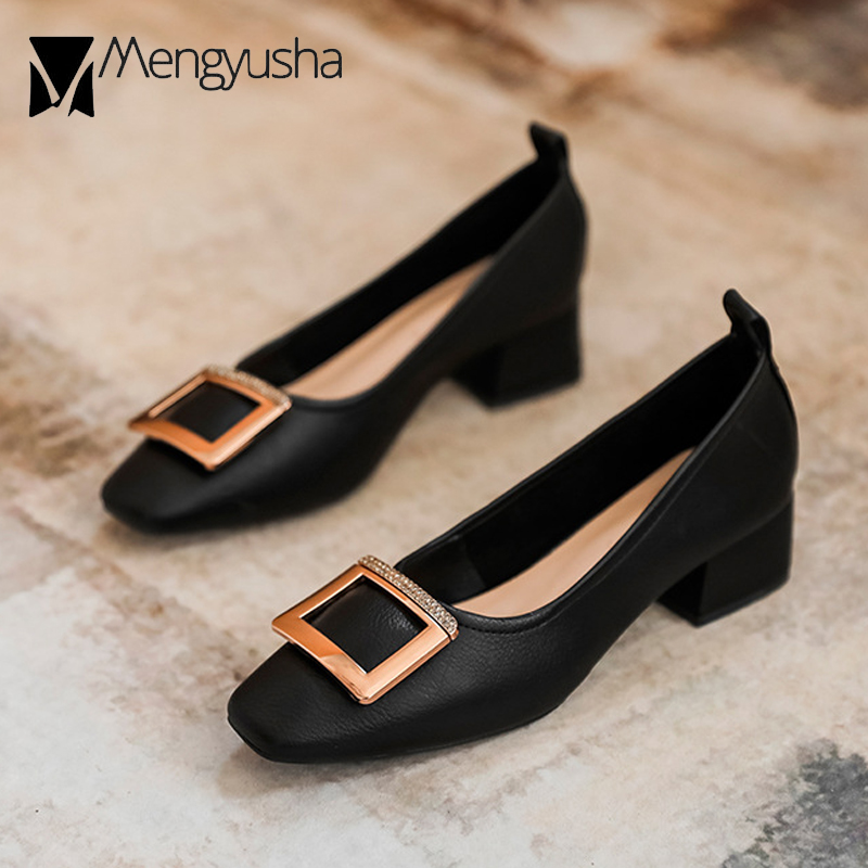 e1692 Soft Leather 2024 Pumps Woman 3CM Med-High Heels Shoes OL Dress Office Loafers Chunky Heel Mary Jeans Buckle Wedding Brides Shoe