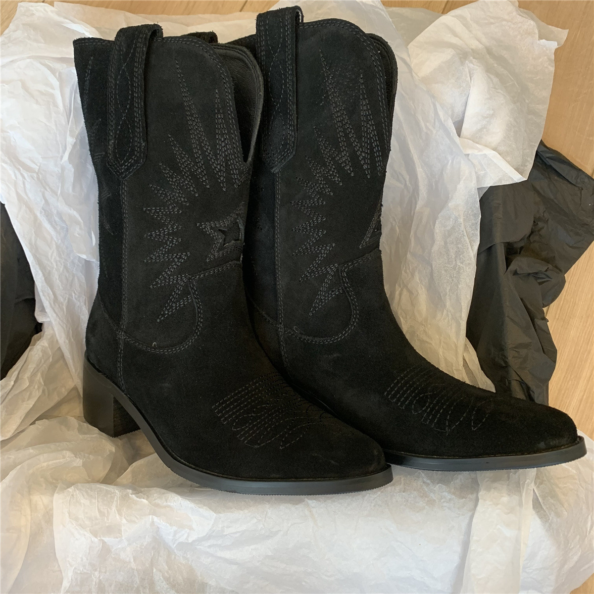 Women's Embroidered Stylish Boots, Pull On Mid-calf Winter Commute Boots, Western Cowboy Comfort Boots fall