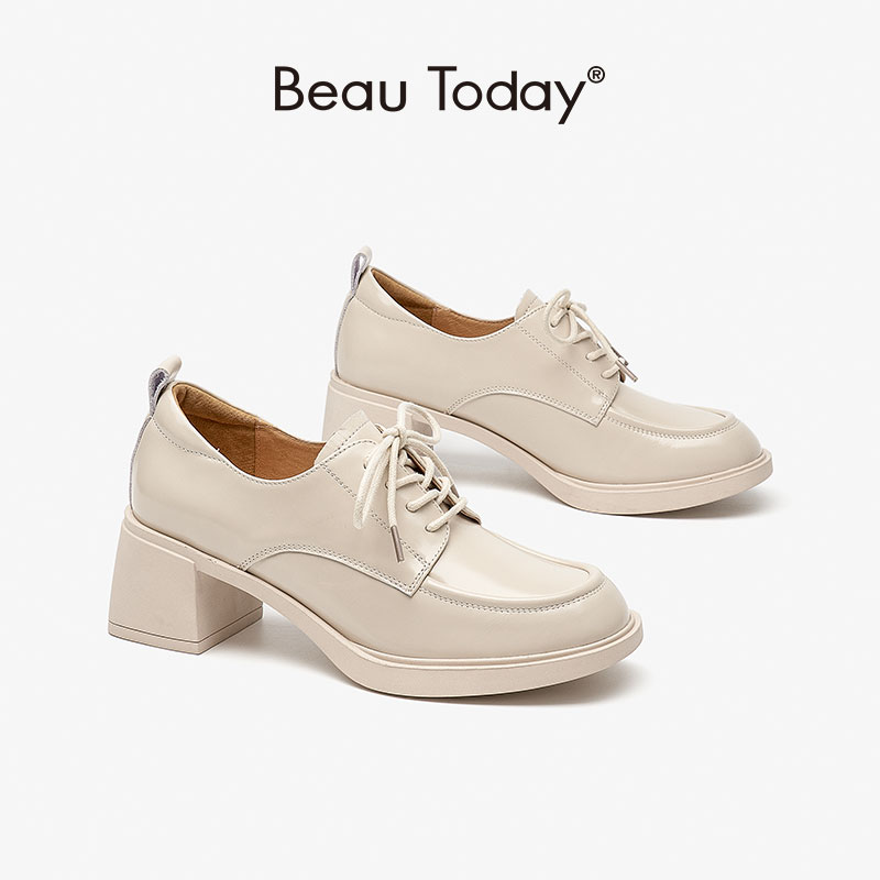 BeauToday Oxfords Pumps Women Round Toe Lace Up Hoof Heel Retro Genuine Leather Casual Outdoor Female Shoes Handmade 21649