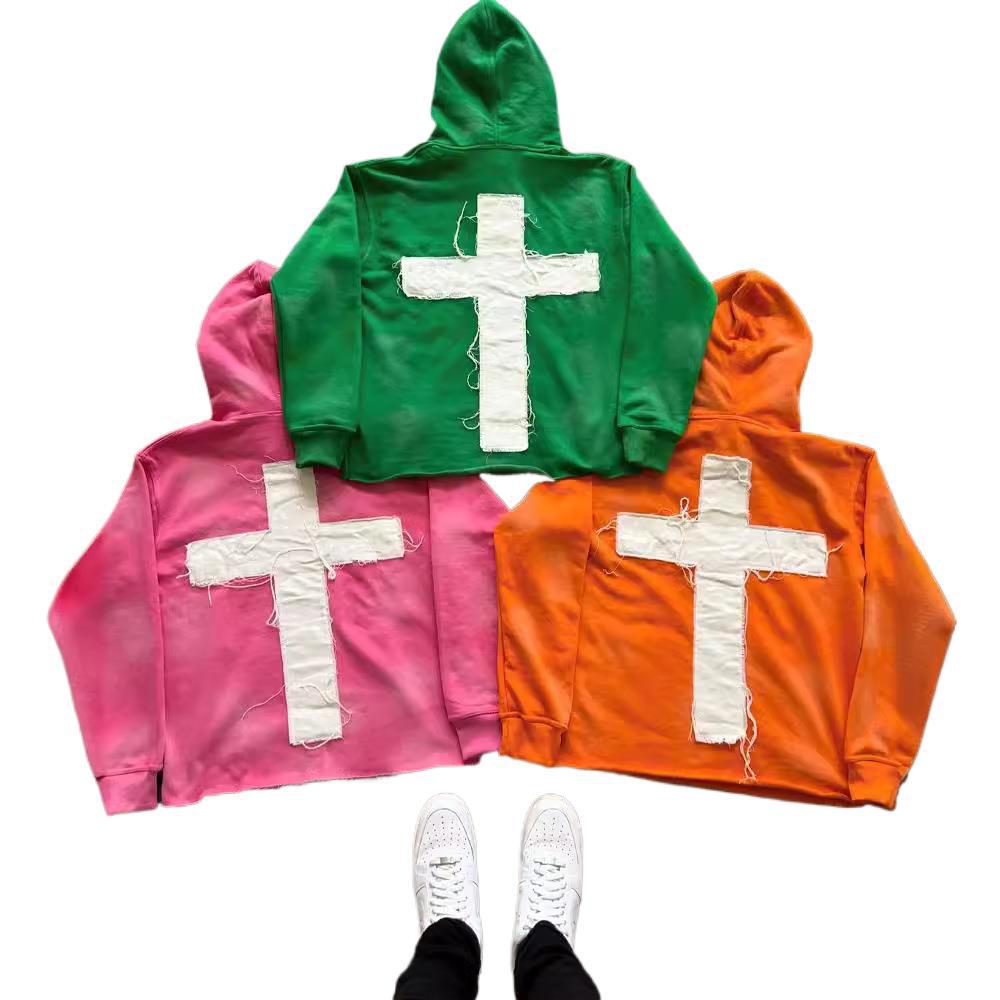 Men's Hoodies Wholesale Cross letter patch embroidered sports men and women millennium bug street hip hop cross-border fashion loose sweater hood