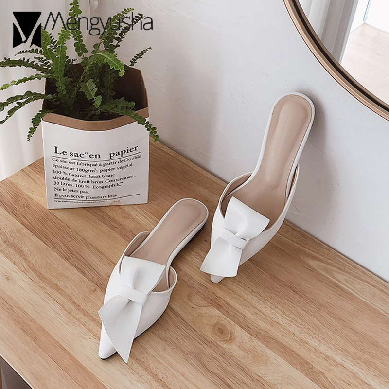Bowknot Vertical Shoes Closed Toe Mules Lazy Flat Slippers Home Designer Pantuflas Flip ps Bowtie Slides House Woman
