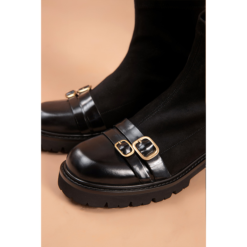 Sock BeauToday Ankle Boots Women Cow Leather Stretch Fabric Metal Buckle Slip On Platform Sole Ladies Shoes Handmade 03518 fdab