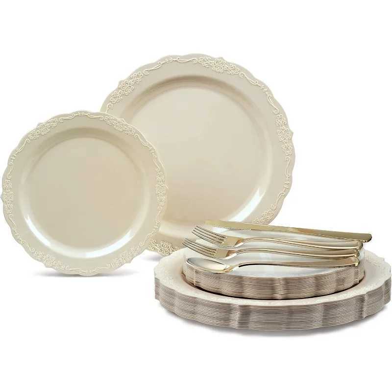 150 Pieces set(25 Guests)-Vintage Wedding Plastic Plates cutlery -Disposable Dinnerware 10 7.5 + Silverware w/double fork Y240902