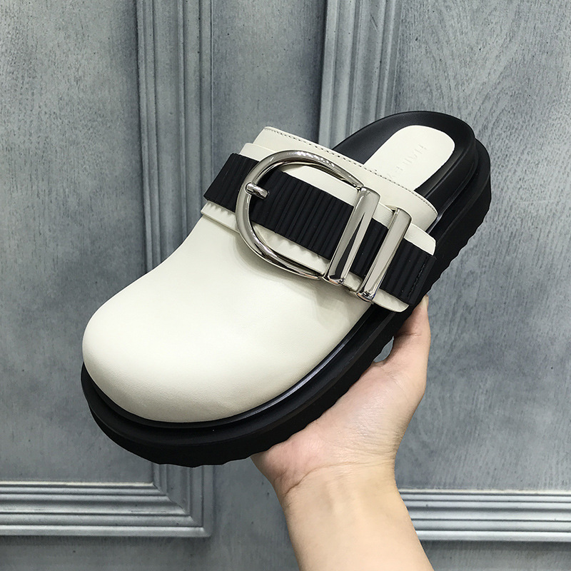 Slippers New Women 2023 Summer Fashion Closed Toe Leather Shoes Loafers High Platform Black Heels Mules Ytmtloy Wedges Indoor