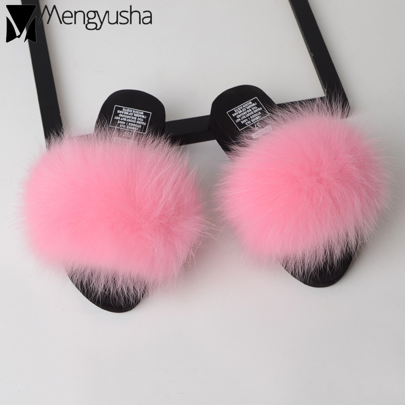 Real Fox hair rainbow slip on slippers women summer quality furry fur wedges shoes woman slides low platform flat sandals beach