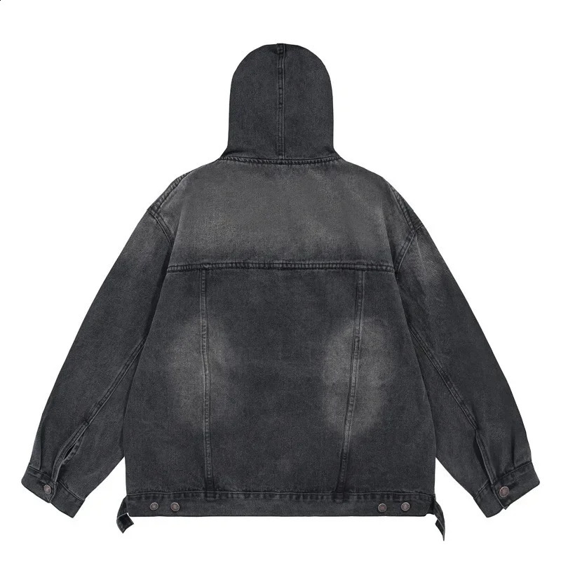 Vintage American Style High Street Distressed Denim Hooded Pullover Unique Sweatshirt Loose Fit Versatile Top For Men Women 240902