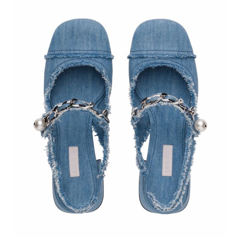 blue denim cloth sandals metal chains summer shoes woman square toe med-high heels jeans sandalias mujer 2024 mary janes shoes