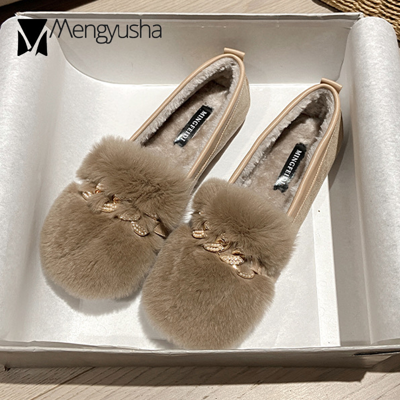 Cotton Plush Woman 70472 Rabbit Fur Flats Big Size Pregnant Comfy Loafers Ladies Crystal Chains Moccasins Fleeces Snow Shoes