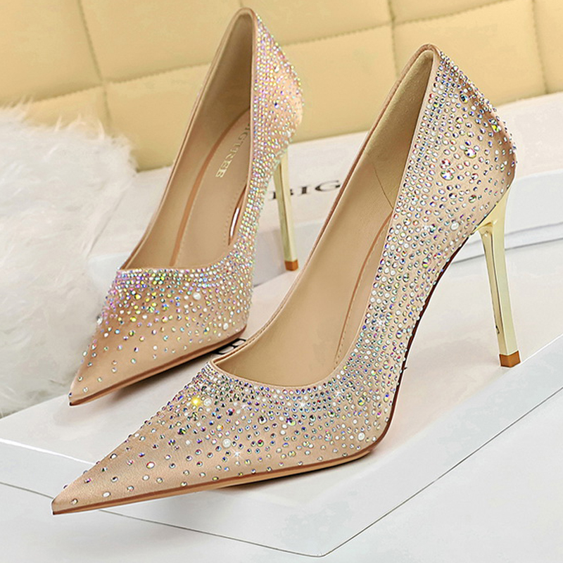 BIGTREE Shoes Sparkle Rhinestones Women Pumps Luxury High Heels Satin Women Shoes Fashion Wedding Shoes Metal Heel Stiletto 2023