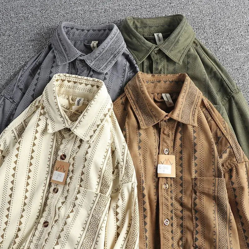 Spring Autumn Fashion Turn-down Collar Long Sleeve Printing Blouse Mens Clothing Vintage Button Loose Korean Trend Shirts 240902 - view 6