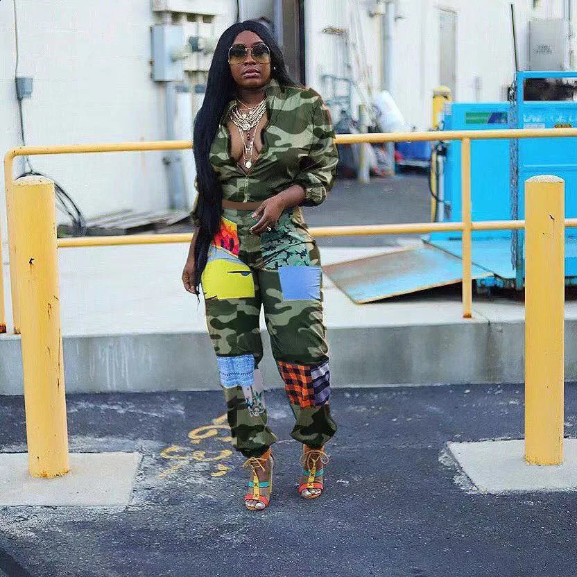 Prowow Womens Track and Field Clothing Zipper Crop Coat Elastic Waist Pants Two piece Sports Clothing Camo Printed Autumn Womens Clothing Set 240902 - view 3