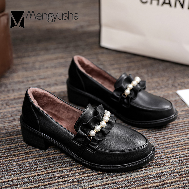 ruffles 7b198 Chic Matte&patent leather beads oxfords women loafers round toe thick heels brogue shoes woman shallow pearl flats