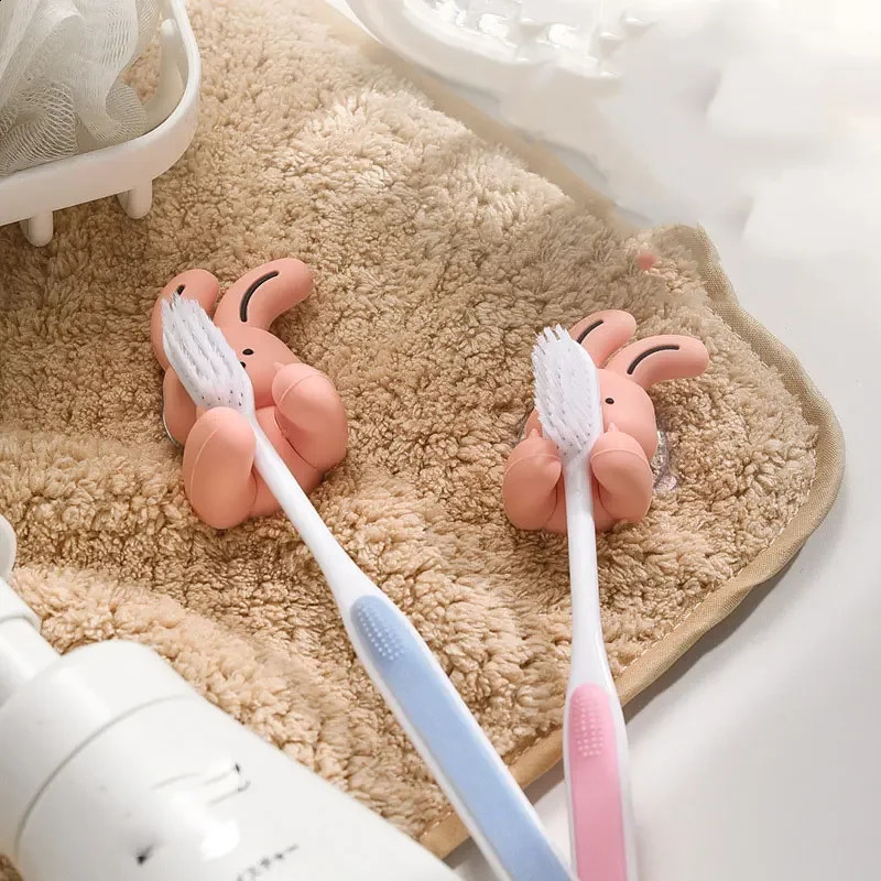 Cartoon Rabbit Bear Toothbrush Holder Wall-mounted Suction Cup Silicone Hook Sundries Storage Rack for Bathroom Accessories 240902