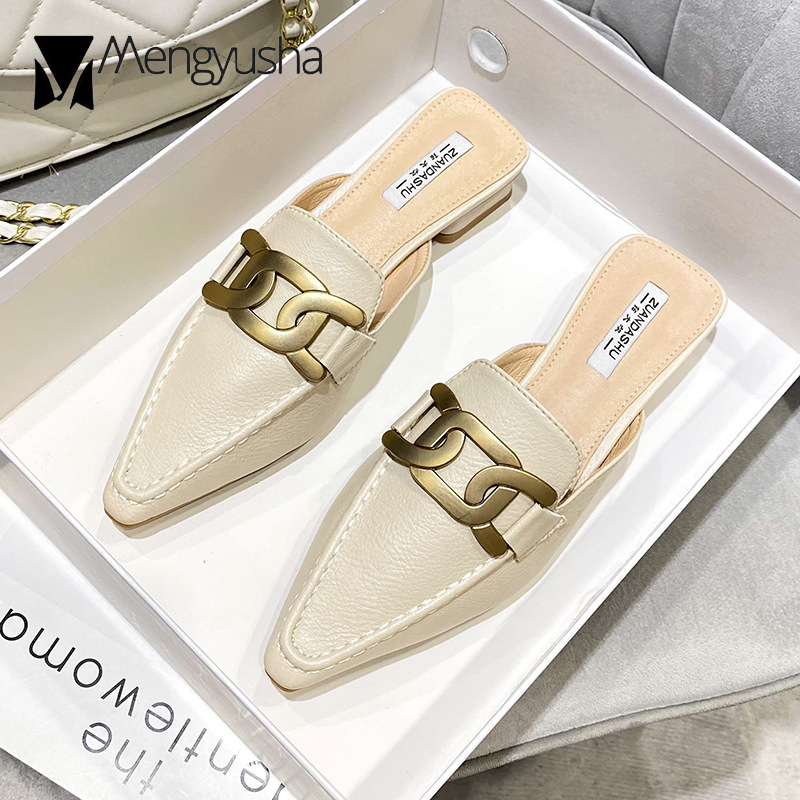Plus Size 41/42 Women Metal Chain Slippers Square Low Heels Mules Ladies Sewing Shoes Summer Closed Pointed Toe Slides Sandalias