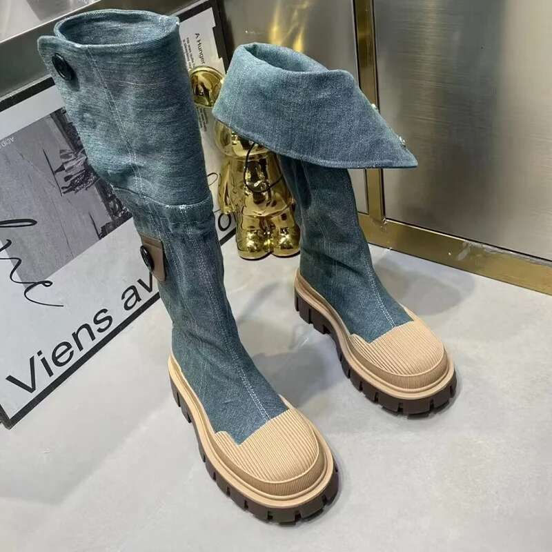 Women Platform Denim Knee High Winter 2023 Designer New Flats Goth Motorcycle Boots Casual Shoes Snow Botas