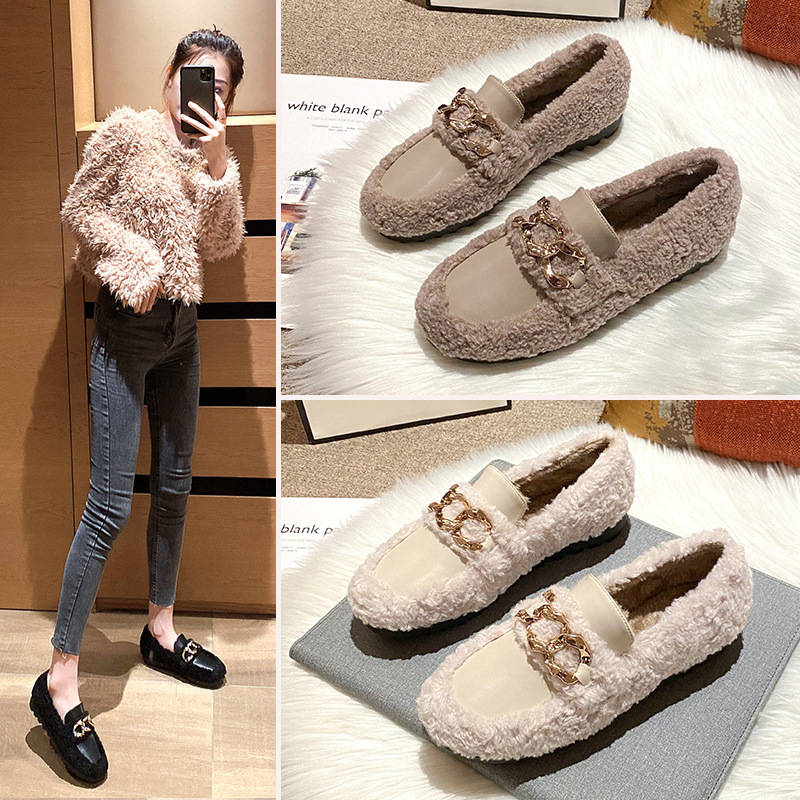 2025 new a4efc winter fur new moccasins brand metal chains decoration leather patchwork furry flats 43plus size warm plush sneakers women ry