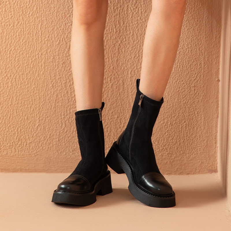 Stretch BeauToday Fabric Boots Women Calfskin Patchwork Platform Round Toe Side Zipper Female Ankle Shoes Handmade 03556 2e66