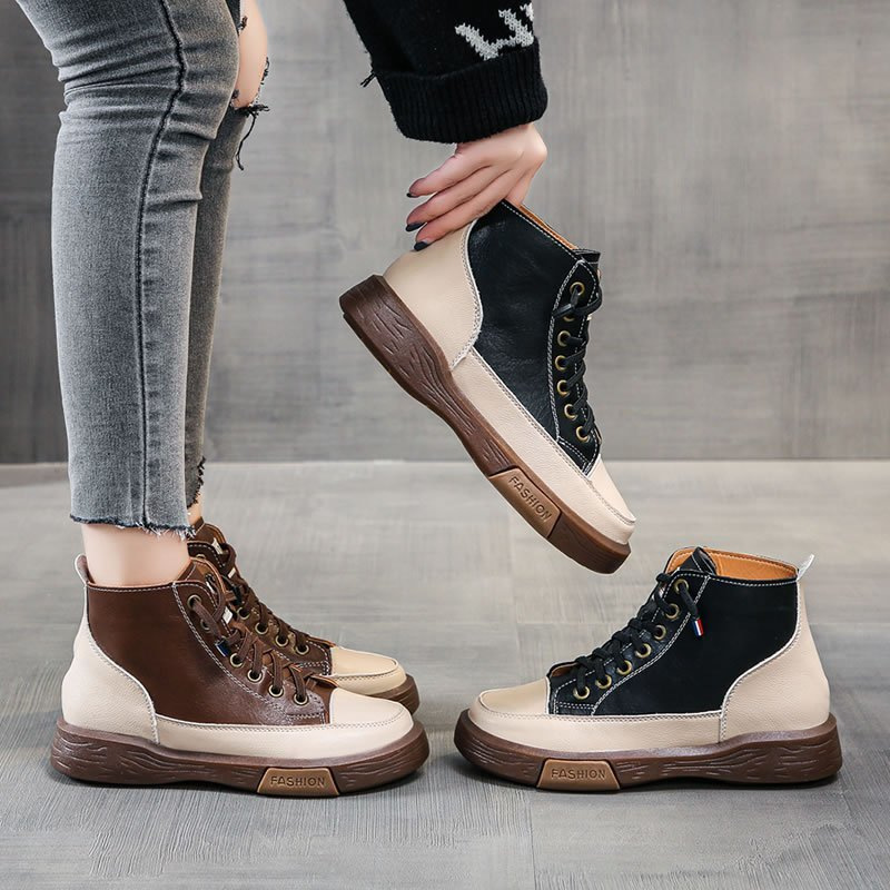 2025 new New Leather Boots for Women High Top Designer Shoes Flat Casual Sneakers Quality Platform Ankle Booties atos De Mujer af77 Platm