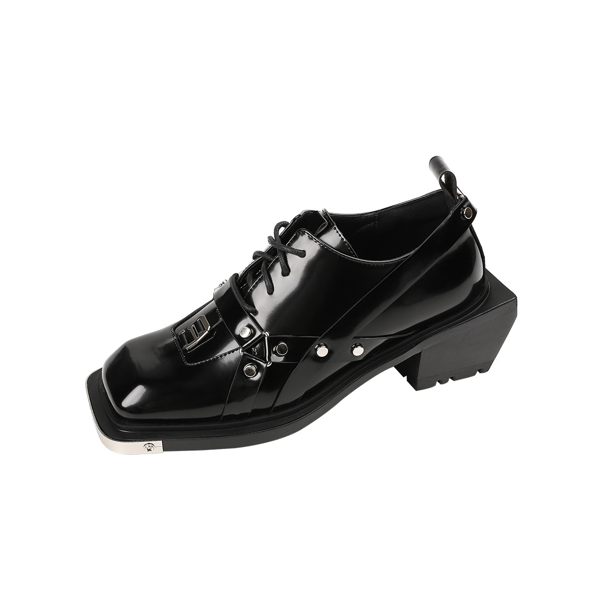 Decoration Flat Styles Metal e1b5c Casual square toe Shoes Leather Black Platform Sneakers for Women Punk Loafers