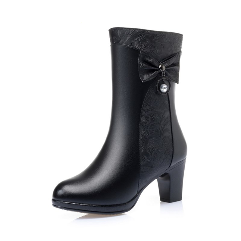 Winter AIYUQI Women Wool Keep Warm 2024 New Genuine Leather Shoes Woman Bow Female Fashion Boots Thick Heel 5685