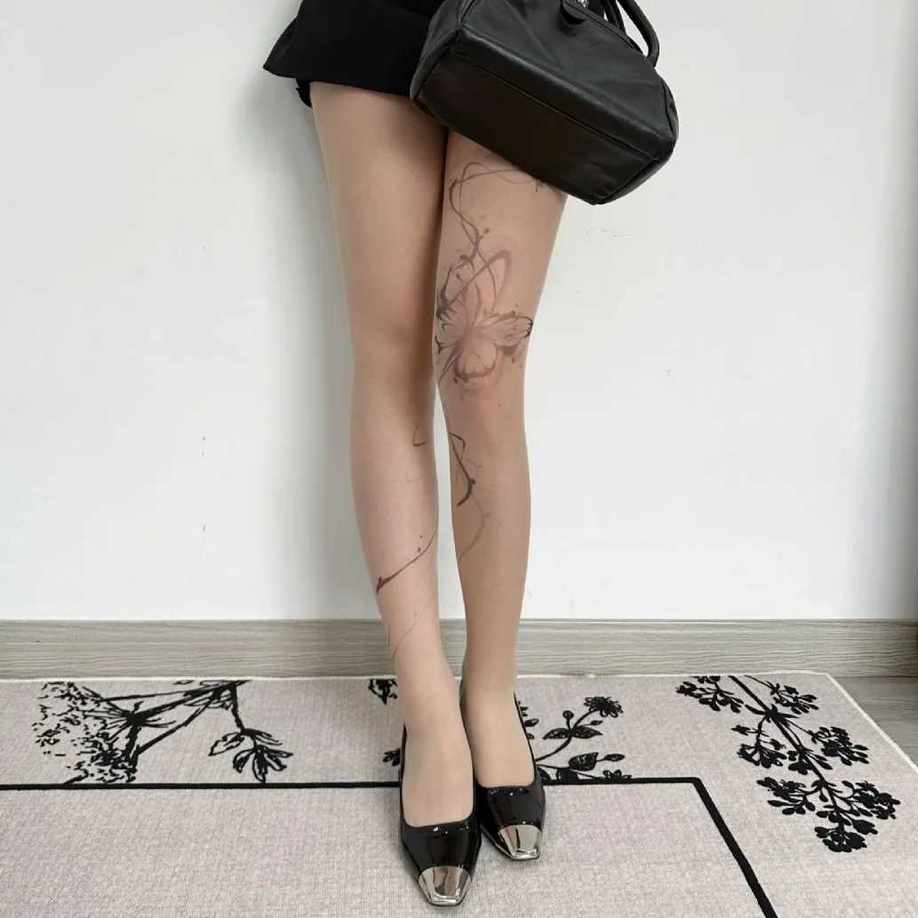 Socks Hosiery New Women Sexy Butterfly Printed Stockings Splash Ink Design Pantyhose Punk Letter Tattoo Tights Lace Tights Party Accessories Y24083307