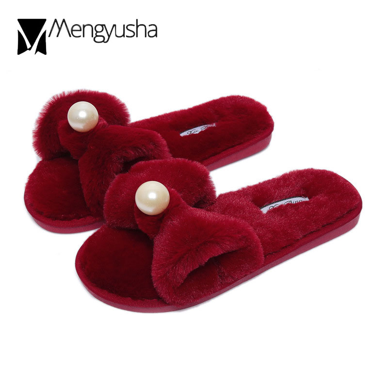 Indoor Women furry slippers girls big pearl bow-knot fur slides ladies plush winter shoes cozy warm home cotton pantuflas