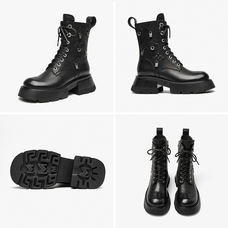 Platform BeauToday New Ankle Boots Women Genuine Calfskin Cross-tied Side Zip Metal Decoration Ladies Booties Handmade 03520 d18e