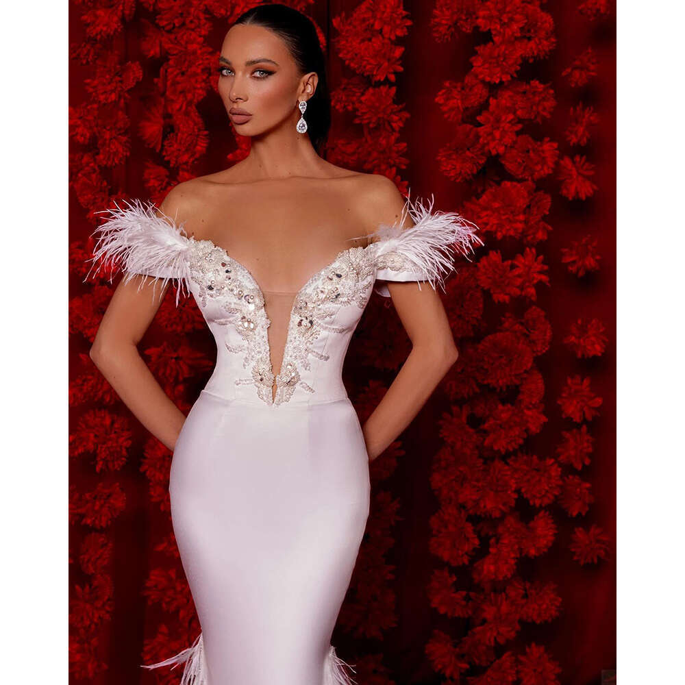 Off Elegant The Shoulder V Neck Mermaid Evening Dress With Feathers Crystals Sleeveless Formal Ocn Banquet Custom Made Gown 6660311