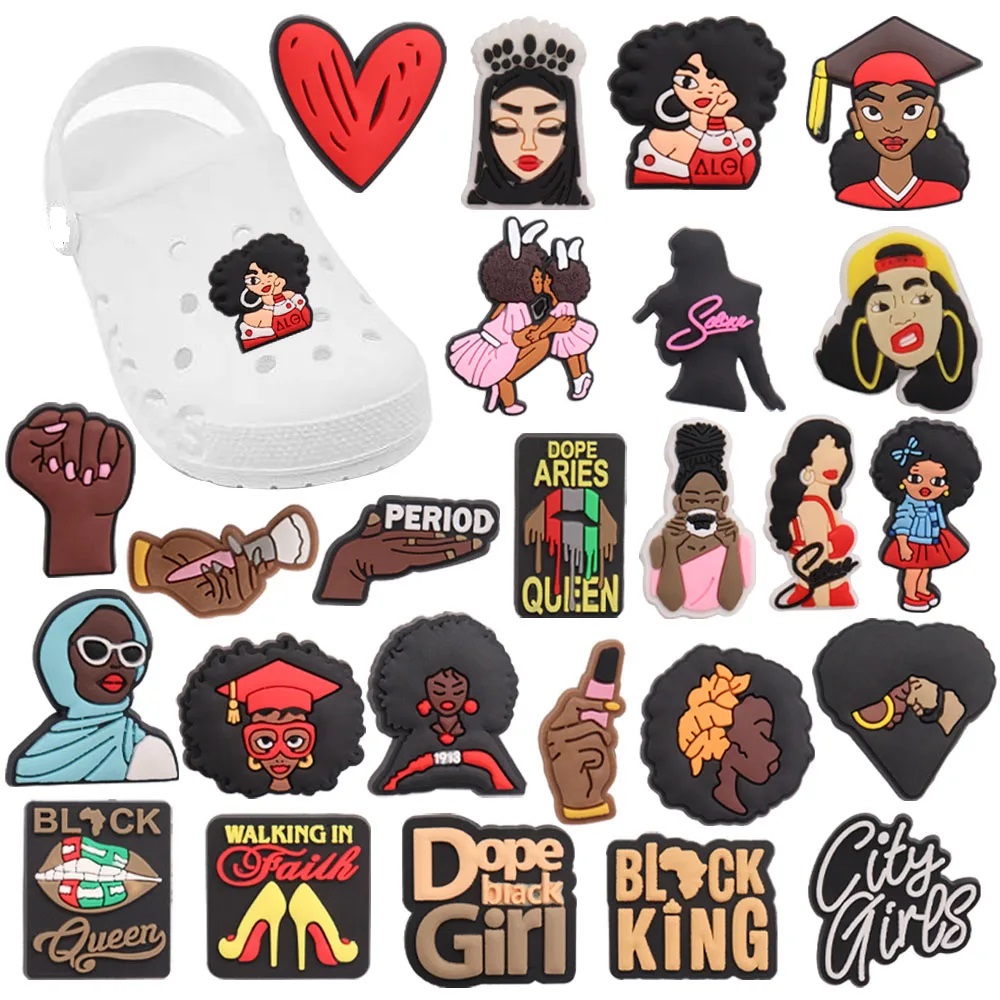Mix 50PCS Girls Woman Power Black Queen Walking In Faith Period PVC Shoe Charms Fit Wristbands Garden Shoes Button Decoration