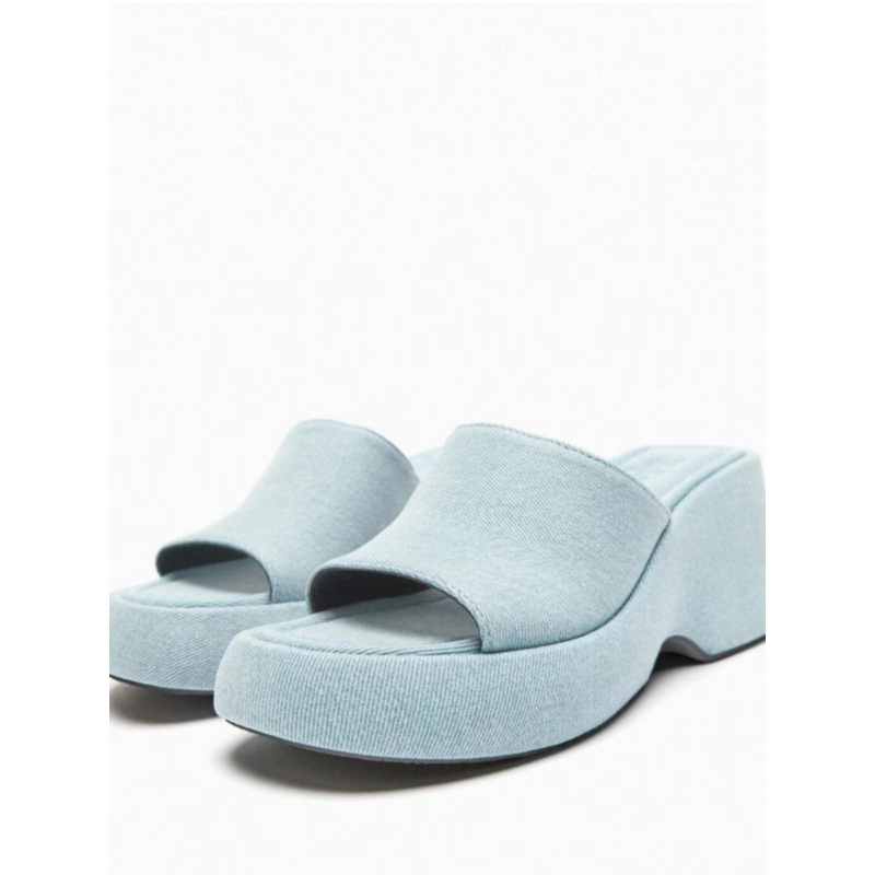 Denim Blue Summer Women Thick Sole High Heeled Slipper Triangle Heel Ladies Party Sandals Shoes Size 35-40