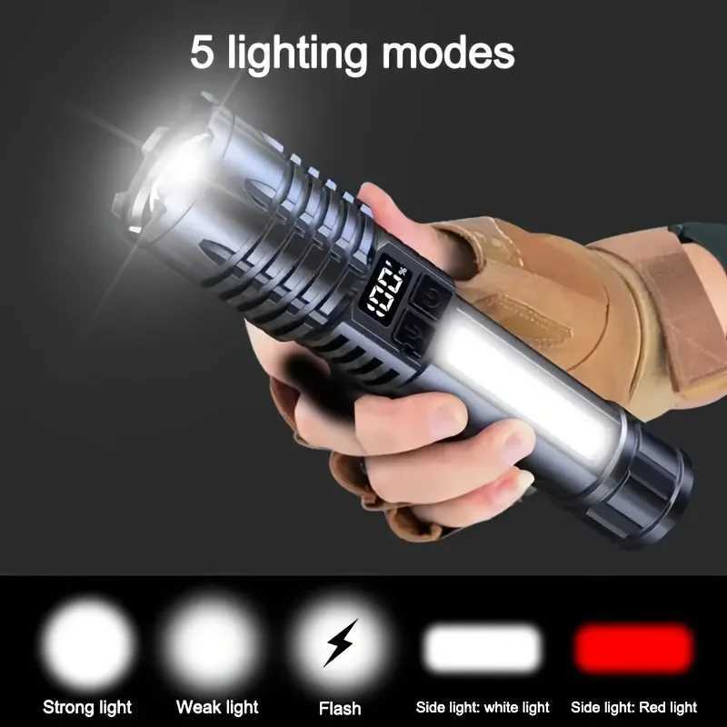 High power charging LED flashlight is very sturdy. LED flashlight with side lights used for outdoor camping and hiking W240902