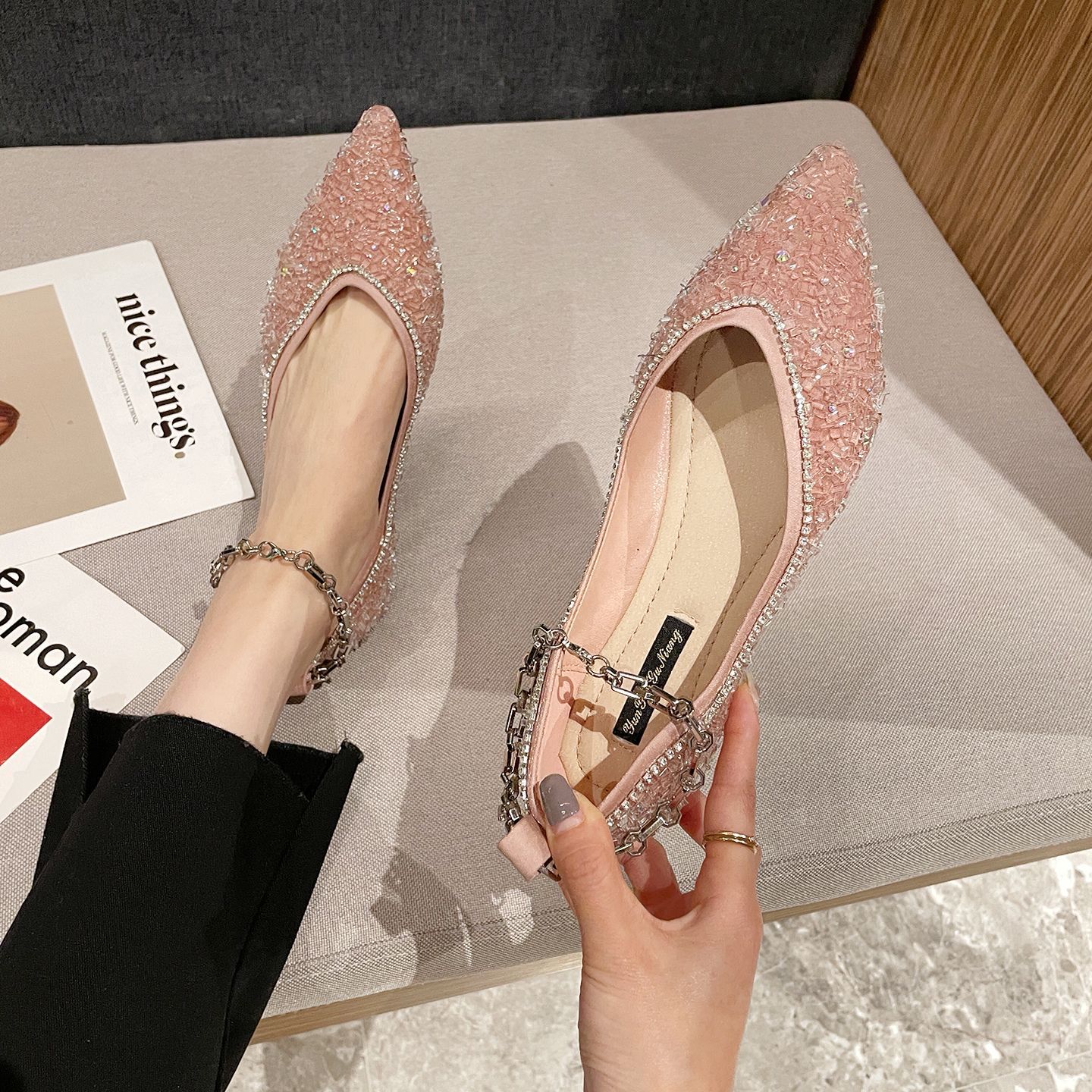studded 8a8a1 crystal bg flats woman brand designer metal chains ankle strap mary janes female glitter weeding shoes 4579