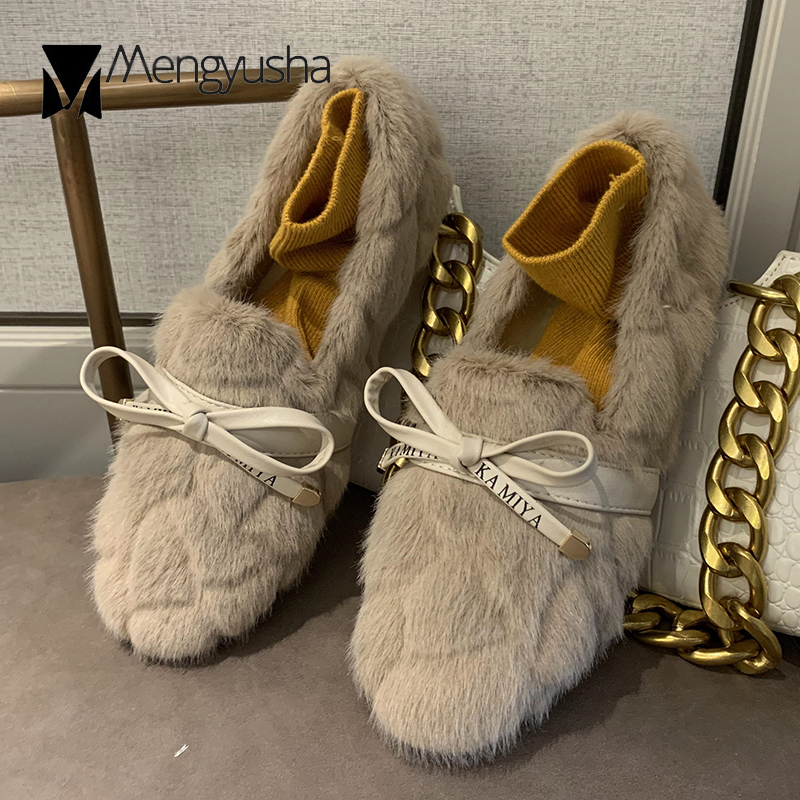 fur Plaid 46f36 flats Winter women pu butterfly-knot cotton shoes woman fairy fleeces loafers comfy plush fluffy moccasins female