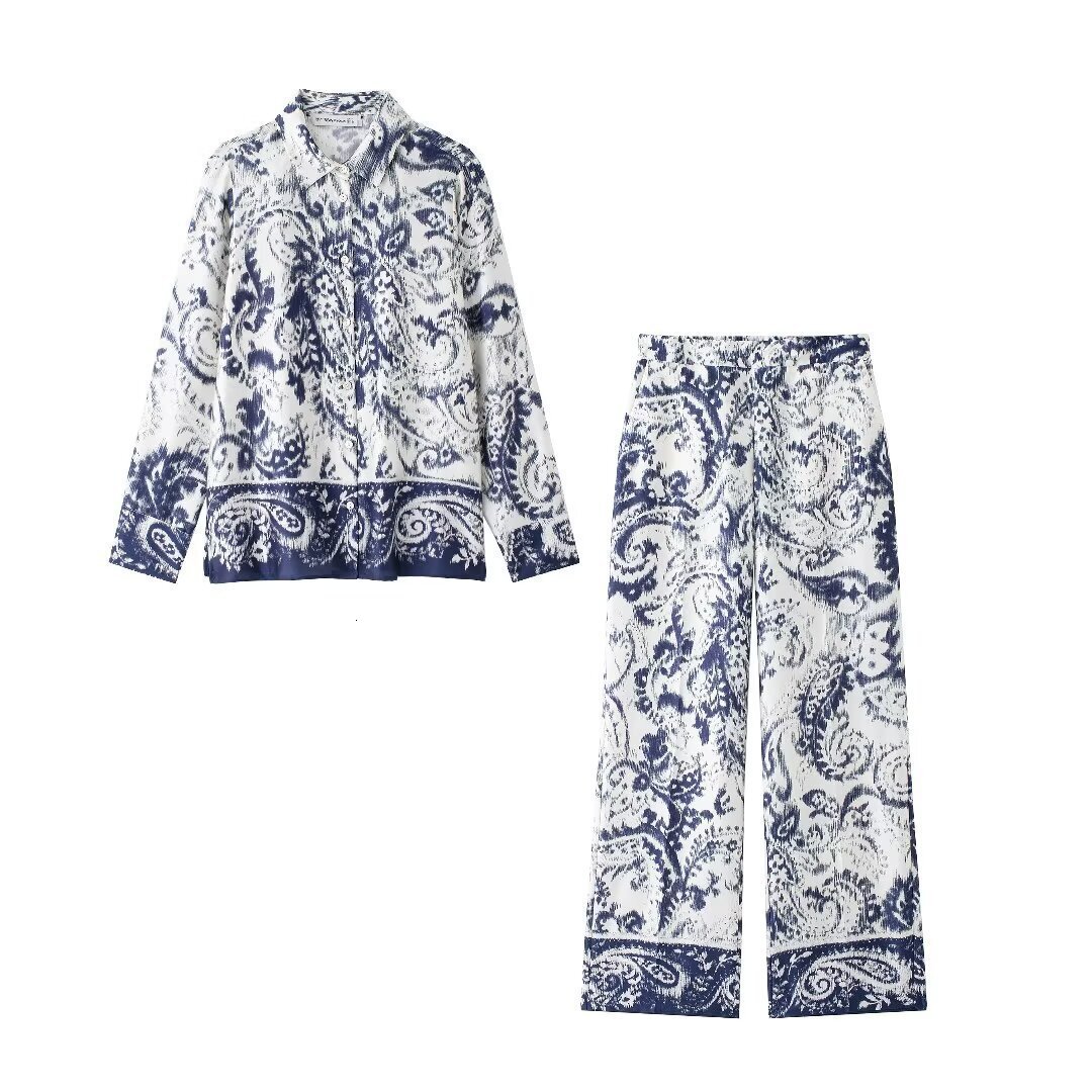 Womens New Product Design Set Pants Slit Printed Long Sleeved Casual Shirt Autumn