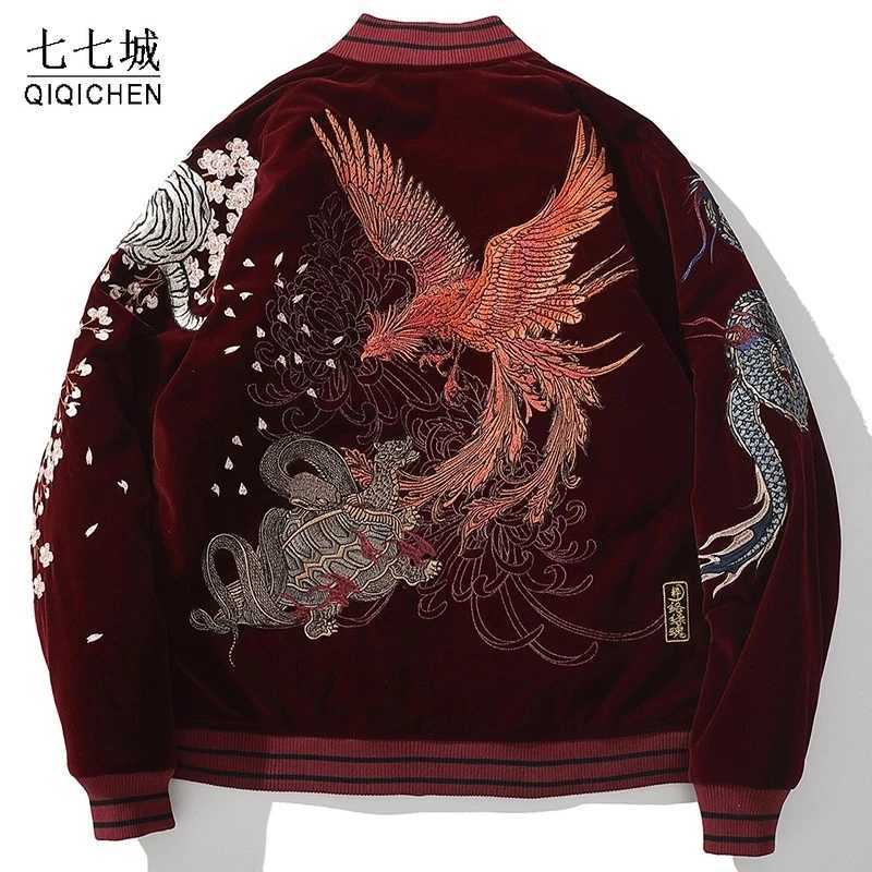 Men's Jackets Thicken Bomber Jacket Men Dragon Phoenix Animal Embroided Jbaseball Ackets Winter Japanese Retro Outwear Warm Velvet Coat 2022 Y240