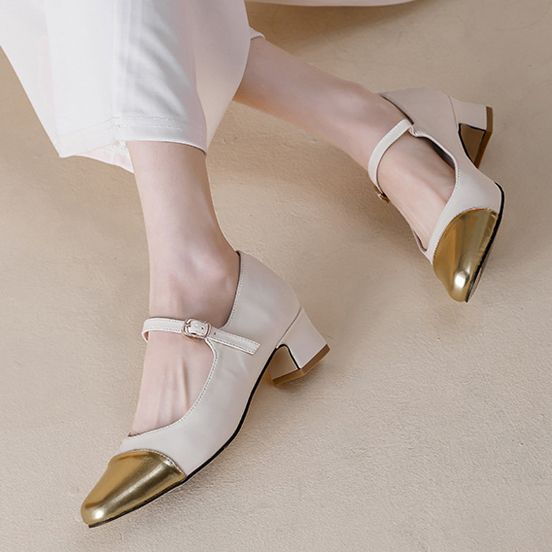 mary 45559 2023 black/gold patchwork janes woman med-high heel belt buckle pumps office ladies dress tacones mujer wedding shoe