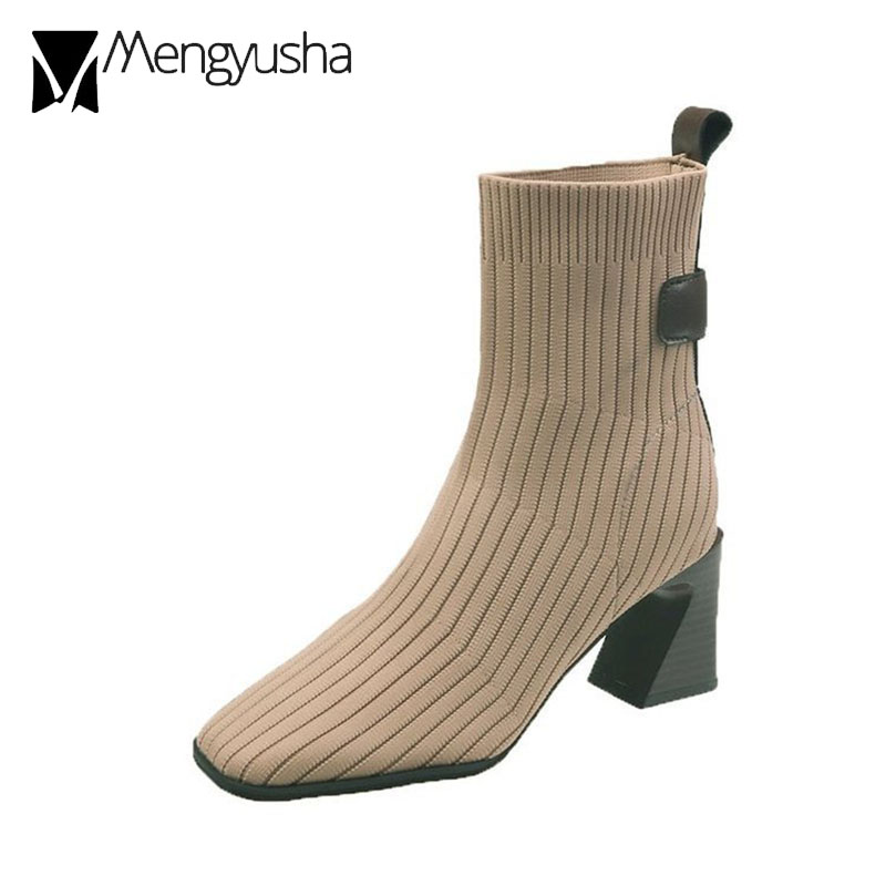 leather patchwork back knitting boots women designer stripe weaved ankle botas mujer strange high heels winter booties 780d