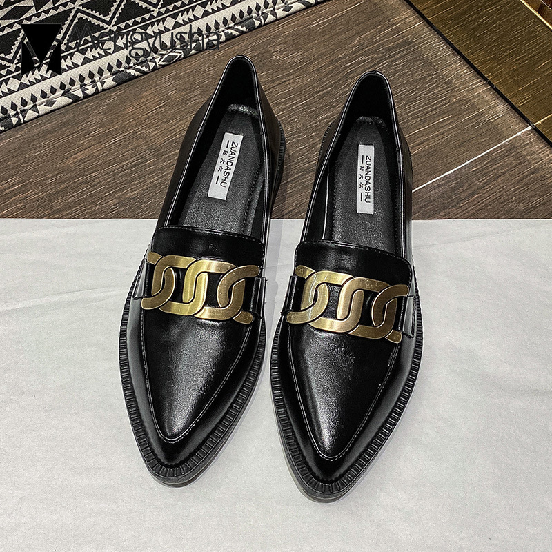 Brand Metal Chain Oxfords Shoes Women 2023 Loafers Soft Leather Flats Ladies Pointed Toe Small Heels Moccasins Big Size Sneakers