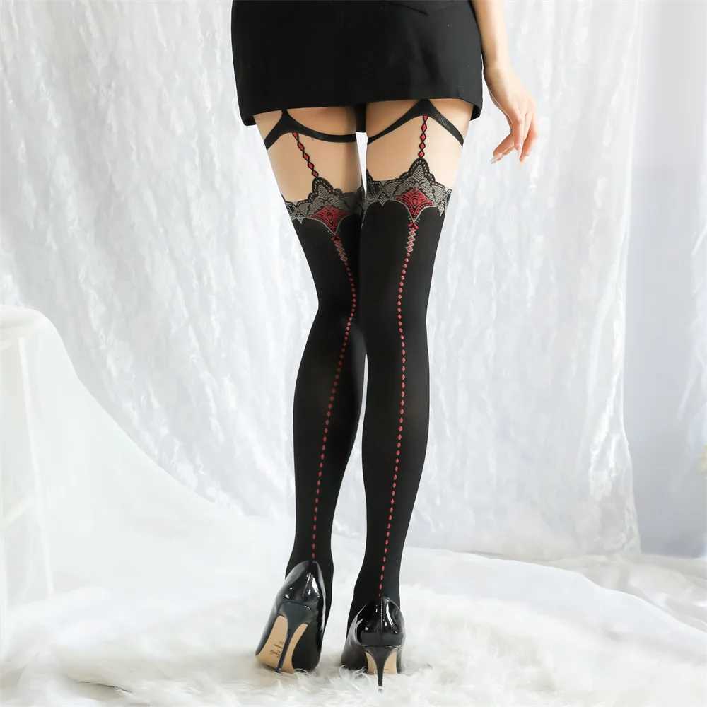 Socks Hosiery Sexy Black Garter Socks Women Open Crotch Thigh-high Silk Stockings Female Suspender Garter Belt Long Socks Red Line Pantyhose Y2408330X