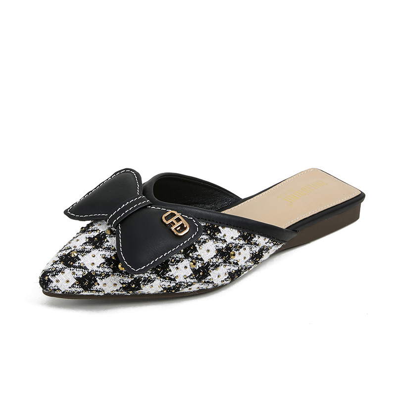 black/white color mixed pointy women slippers bowknot plaid cloth mules shoes woman outdoor designer slides female sandalias