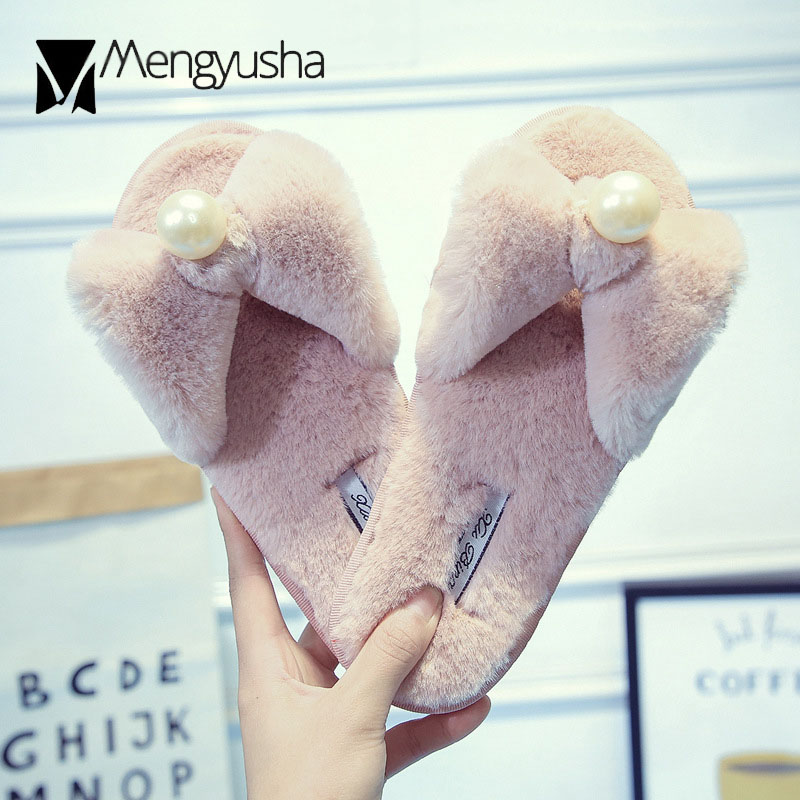 Indoor Women furry slippers girls big pearl bow-knot fur slides ladies plush winter shoes cozy warm home cotton pantuflas