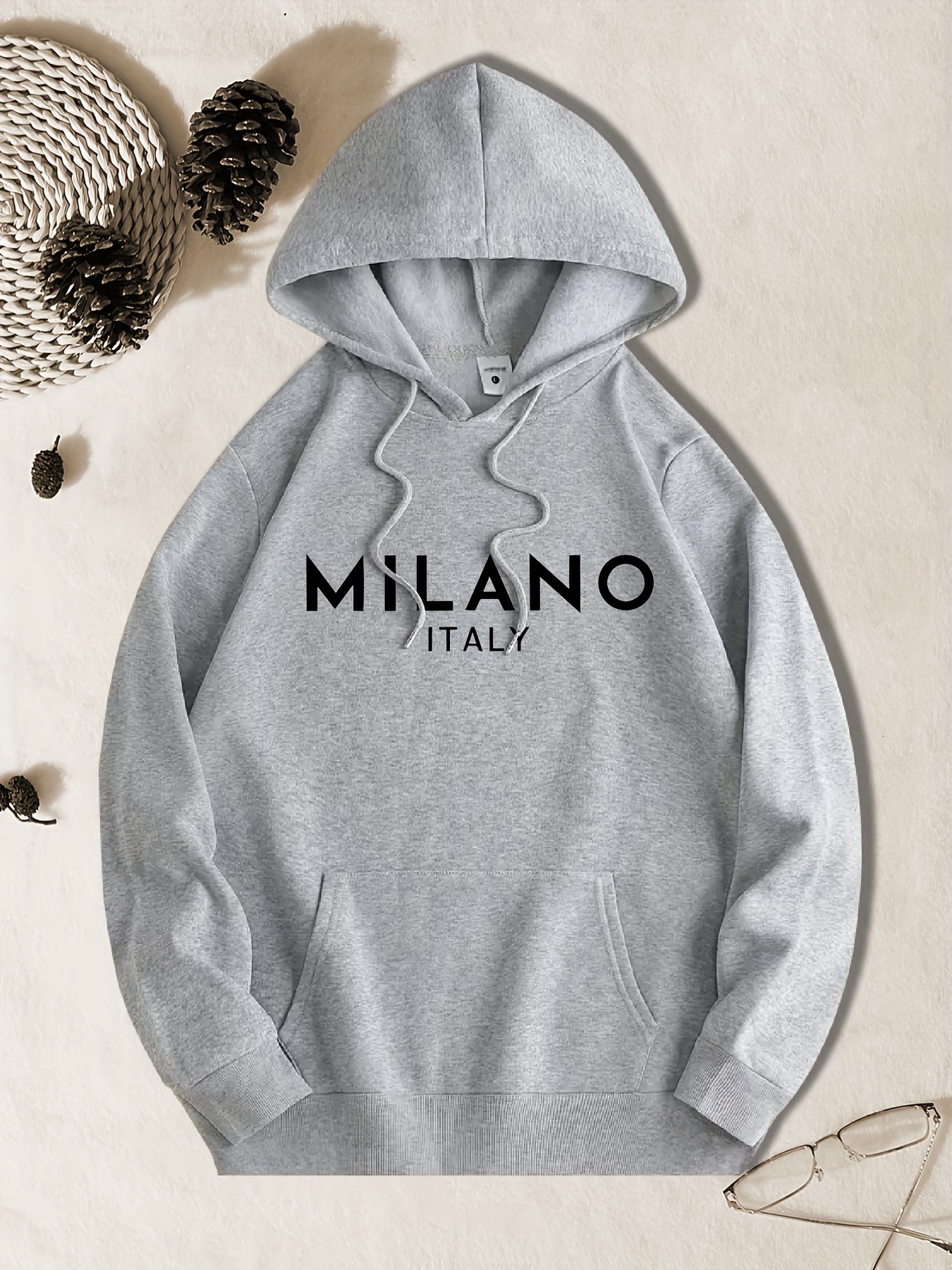 MILANO ITALY Letter Print Men's Long Sleeve Hoodie, Drawstring Hooded Sweatshirt With Kangaroo Pocket, Casual Comfortable Versatile Top For Autum