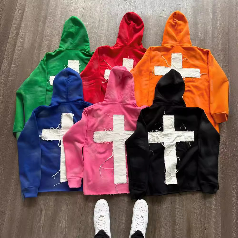 Men's Hoodies Wholesale Cross letter patch embroidered sports men and women millennium bug street hip hop cross-border fashion loose sweater hood
