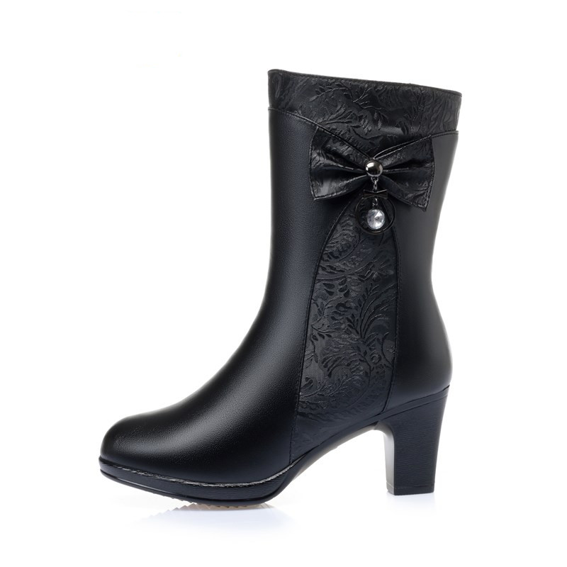 Winter AIYUQI Women Wool Keep Warm 2024 New Genuine Leather Shoes Woman Bow Female Fashion Boots Thick Heel 5685